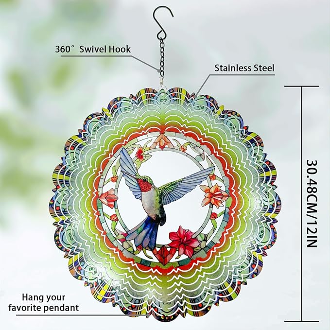 Wind Spinners Outdoor Hummingbird Decorations - Birthday Gifts for Women Mom Grandma, Hanging 12 inch 3D Sculptures for Garden Decor for Outside, Patio, Yard