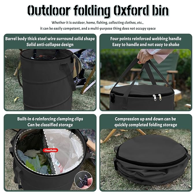 Pop up Camping Trash can with lid, 2-Pack Collapsible 24 Gallons Trash can with Sorting Clips, Garden Garbage Bag with Lid, Lawn and Leaf Bags - Reusable Yard Waste Bags (2Pcs-Black)