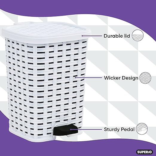 Superio Small Outdoor Trash Can with Lid for Dog Poop 6.8 Gallon/26 L Plastic Step On Garbage Can with Foot Pedal for Bathroom, Bedroom, Office, Patio, Wicker White