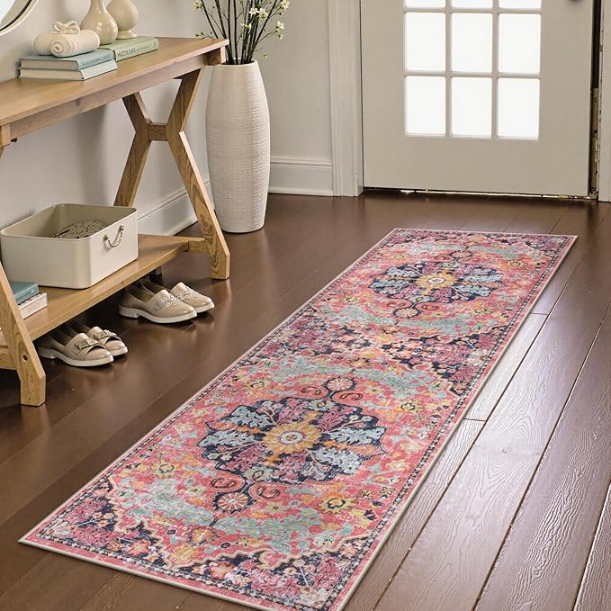 Lahome Bohemian Floral Medallion Runner Rug - 2'8"x8' Hot Pink Hallway Rug Runner, Soft Machine Washable Non-Slip Bedside Mat Cute Indoor Carpet for Kitchen Entryway Chair, Fuchsia/Multi
