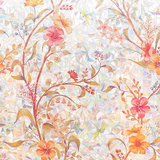 Stained Glass Window Film Static Cling Door Privacy Film Decorative Flowers Red Leaves Window Decals Stickers Heat Control Anti UV for Home and Office,35 inches by 78.7 inches