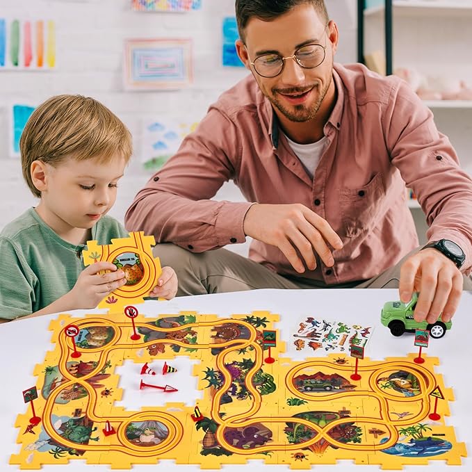25PCS Puzzle Racer Kids Car Track Set Dinosaur Themed Series, Puzzle Track Car Play Set, Rail Car Puzzle Track, Kids Car Track, Educational Puzzle Toys Gifts for Kids Boys and Girls