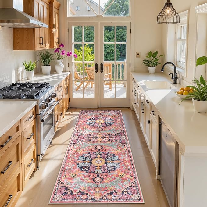 Lahome Bohemian Floral Medallion Runner Rug - 2'8"x8' Hot Pink Hallway Rug Runner, Soft Machine Washable Non-Slip Bedside Mat Cute Indoor Carpet for Kitchen Entryway Chair, Fuchsia/Multi