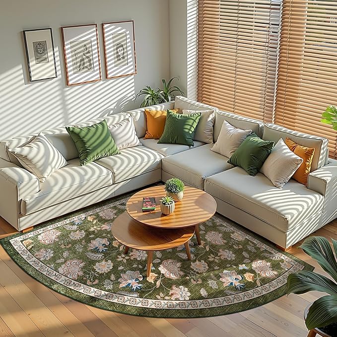 jinchan Floral Corner Rug for Kitchen Washable Nursery Rug Vintage Romance Design Non Slip Quarter Circle Lightweight Low-Pile Throw Carpet for Playroom Reading Nook Office, 5ft Radius, Green