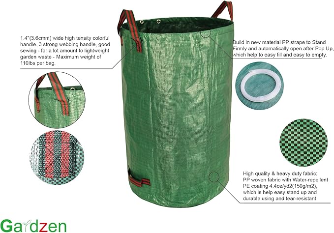 Gardzen 32&40&72 Gallon Yard Waste Bags, Reusable Heavy Duty Collapsible Garden Leaf Bags with Plastic Ring, Stand-Up Yard Waste Bin for Leaves, Lawn Debris & Grass Clippings