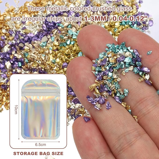 uxcell 6 Colors Crushed Glass Chips, 1-3mm Irregular Glitter Metallic Glass Broken Glasses Pieces with Laser Bag for Craft DIY Vase Epoxy Halloween Decoration 31g, Solid Colors