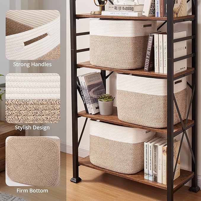 OIAHOMY 13 Kallax Inch Cube Storage Bins, 3-Pack Cotton Rope Woven Baskets for Organizing, Kallax Insert Storage Baskets for Shelves, Baby Nursery, Closet Organizer, 15*13*12.6IN, Brown & White