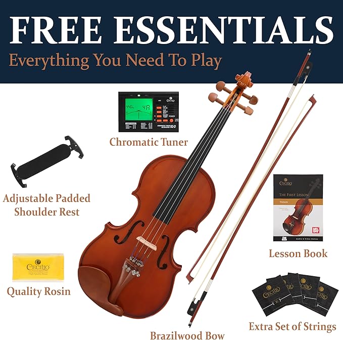 Cecilio 1/4 Size Natural Varnish Violin for Beginners, Hand-Carved Solid Spruce Top, Maple Back & Sides, Full Fiddle Kit with Hard Case, Bows, Rosin, Shoulder Rest, Lesson Book