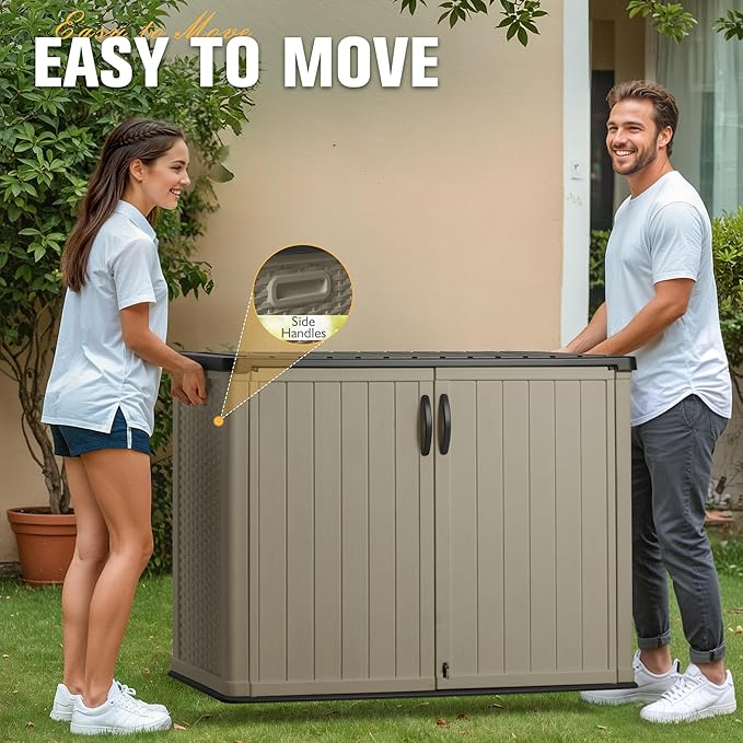 Greesum Outdoor Horizontal Storage Sheds 27 Cu.ft Resin Large Storaged Box Weather Resistance, Without Shelf, Easy to Assemble, Prefect for Garden, Patios, Backyards, Beige