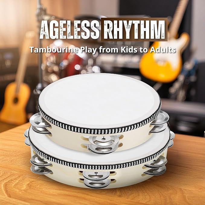 Flexzion Handheld Tambourine - 8 & 6 Inch Set of 2 Pack, Double Row 12 Pair Metal Jingles, Percussion Drum Moon Musical Educational Instrument for Adults Classroom Gift Party (Wood)
