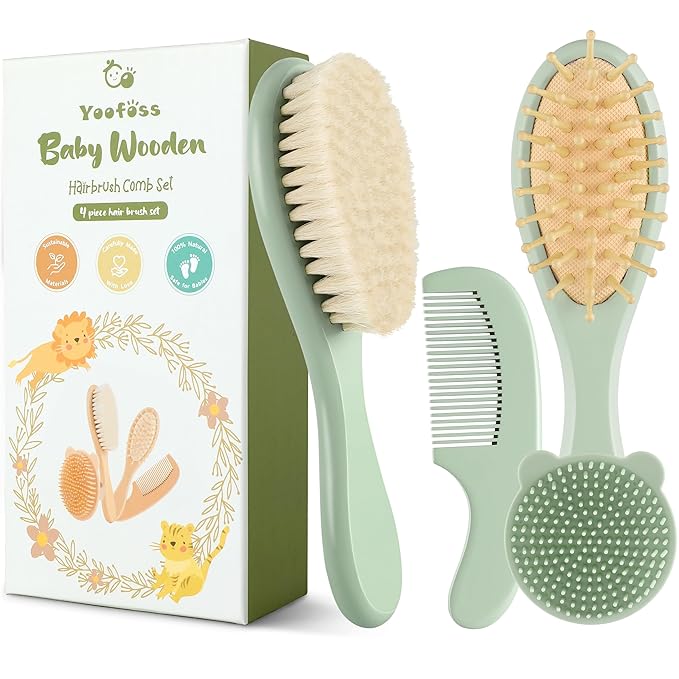 Yoofoss 4 Piece Baby Hair Brush and Comb Set，Wooden Baby Hair Brush with Natural Ultra Soft Goat Hair, Baby Comb Set for Boy, Girl - Green