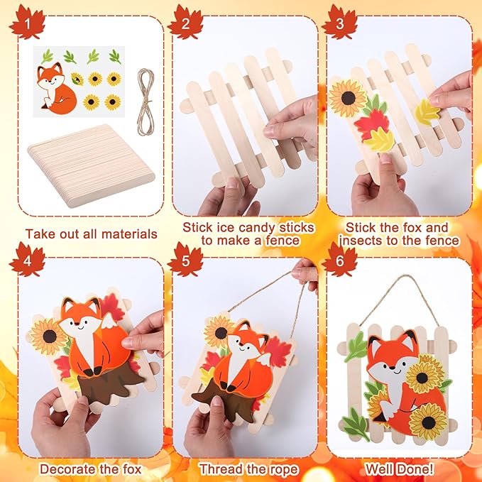 Jetec 24 Sets Fall Sticker Crafts Kits DIY Wooden Fox Fence Autumn Ornament Crafts with Stick Make Your Own Fall Fox Handmade Artwork for Autumn Thanksgiving Party Favors Home Activity Decoration