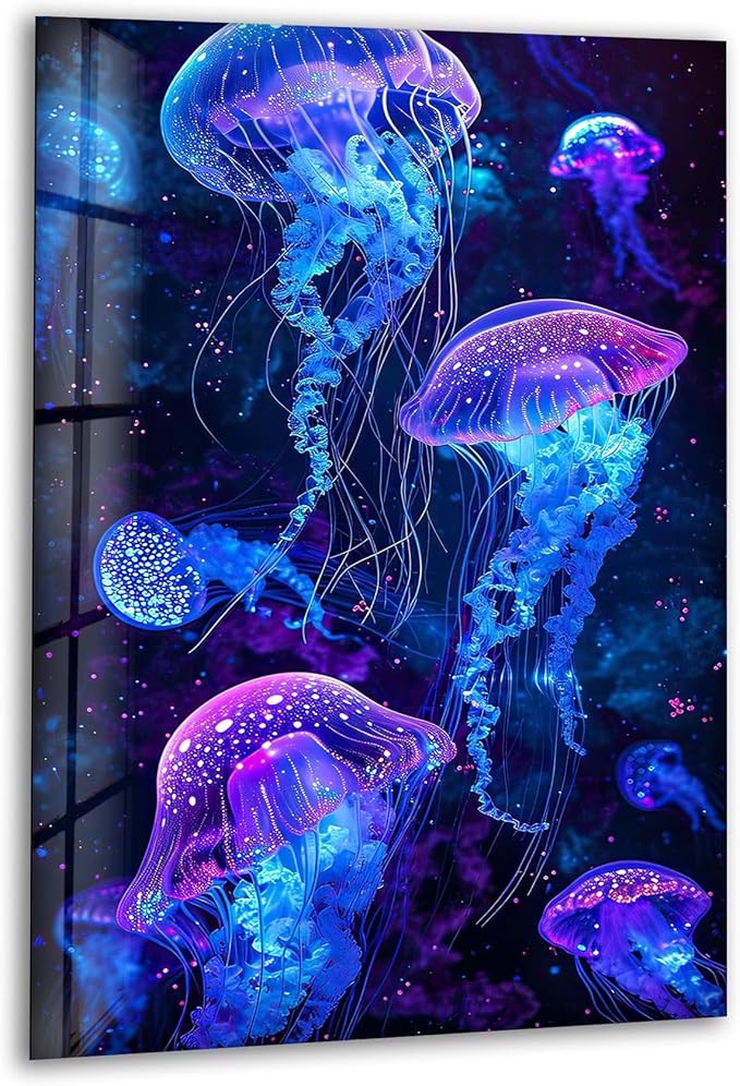My Photostation.com 24Wx30H'' Glowing Jellyfish Glass Wall Art Tempered Glass Printing Wall Decor Large Wall Art Wall Hangings