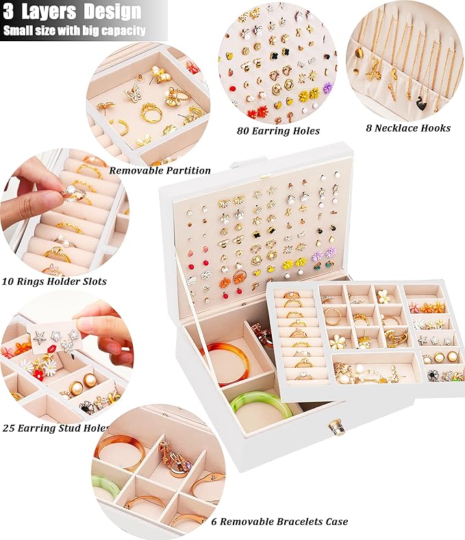 Girls Jewelry Box for Earrings Jewelry Organizer Box Teen Girls Earrings Organizer Jewelry Box Earring Holder Organizer Stud Earring Box for Girls Womens Jewelry Case Organizer White