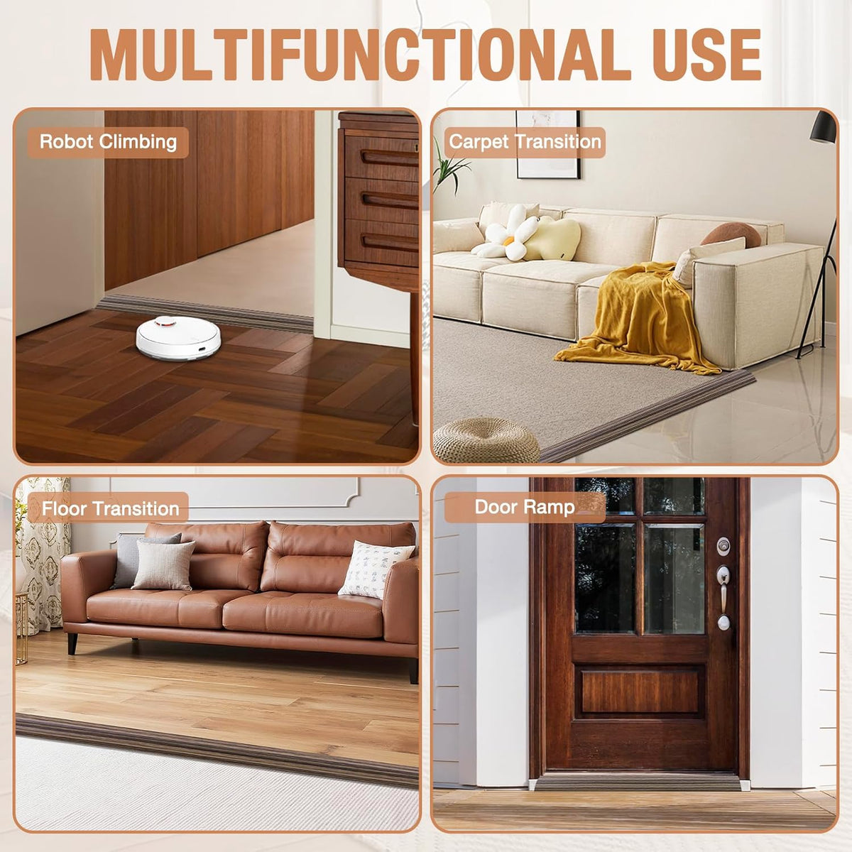Floor Transition Strip Self Adhesive Vinyl Door Threshold for Doorways Carpet Edging Trim Overlap Edge Reducer for Laminate Floor, Carpet, Tile (Smoked Brown Wood Grain, 1/5" to 2/5", 10Ft)