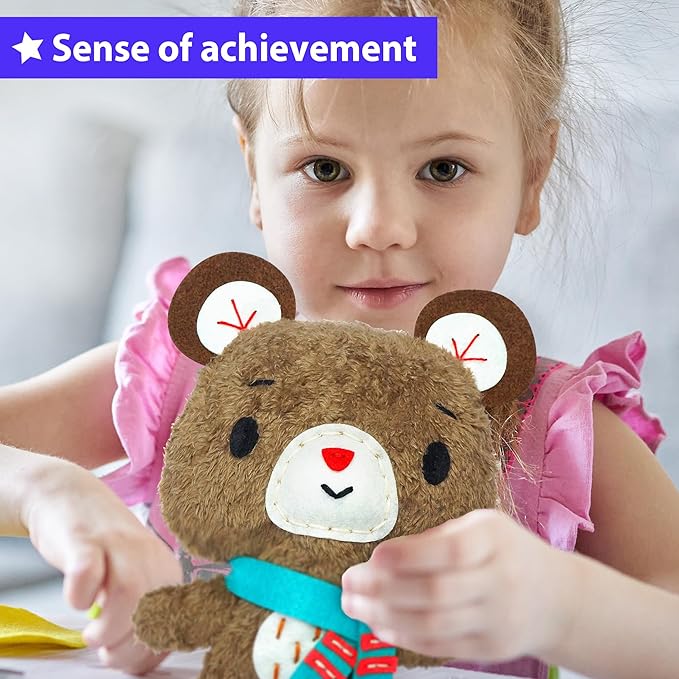 KRAFUN Teddy Bear Animal Sewing Kit for Kids Beginner My First Art & Craft, Includes Teddy Doll Stuffed Doll, Instructions & Plush Felt Materials for Learn to Sew, Embroidery, Age 7 8 9 10 11 12