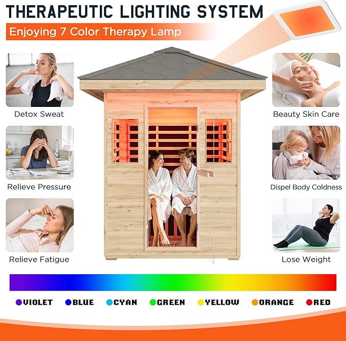 Albott Outdoor Sauna 3 Person, Infrared Saunas for Home, Low EMF 2645W/240V Spruce Wood Dry Sauna with Tourmaline Stone Foot Warmer, 7-Color Light Therapy & 2 Bluetooth Speakers, 60.2"x43.3"x98.4"