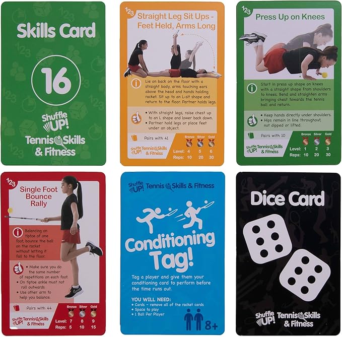 Shuffle Up Tennis Card Games - 70+ Fun & Active Skills Cards for Kids, Fitness Cards Develop Fundamentals, Stamina & Strength, Easy to Play for Kids | Multiple Skill Level Cards Include 2 Dices