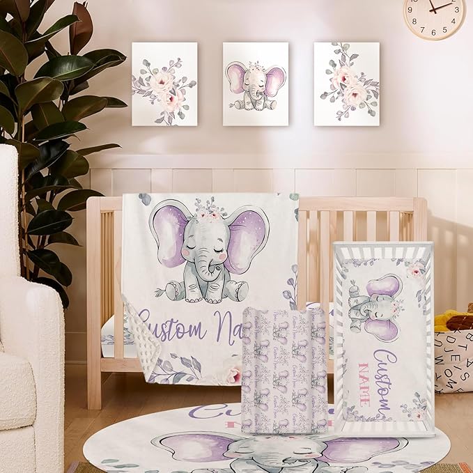 Personalized Baby Crib Bedding Set for Baby Girls, Light Purple Elephant Pattern Custom Name Baby Crib Sets 5-Pcs, Toddler Double Layer Blanket Fitted Sheets Changing Pad Cover Rug Wall Art Set