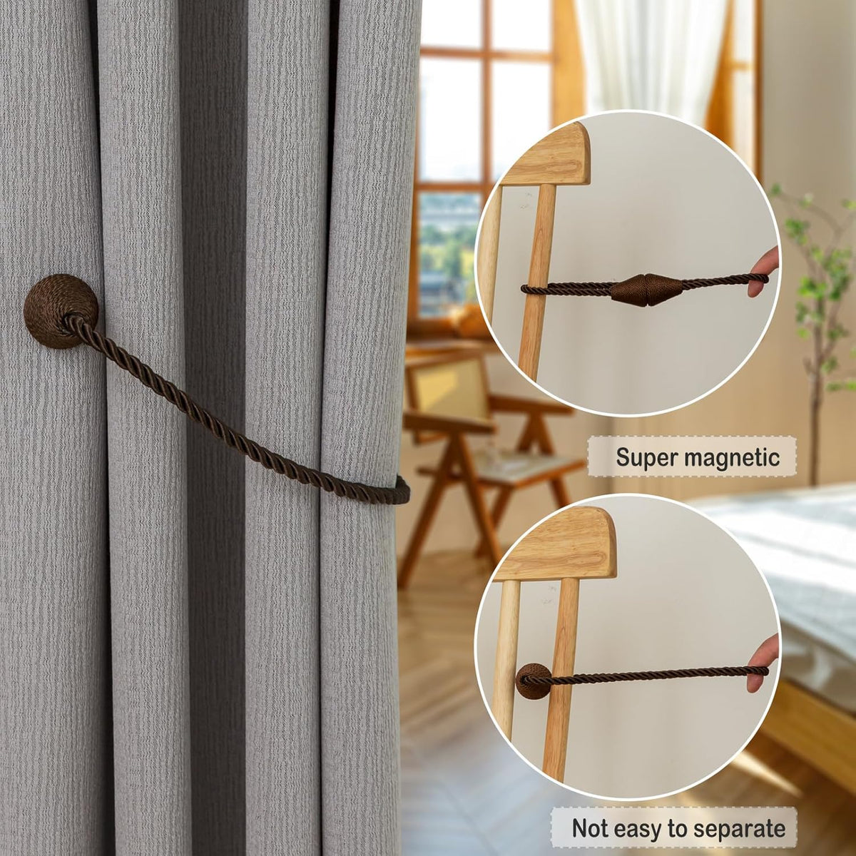 Magnetic Curtain Tiebacks 4 Pack Outdoor Rope Curtain Tie Backs Decorative Window Treatment Holdbacks for Home Decorative Curtain, Coffee