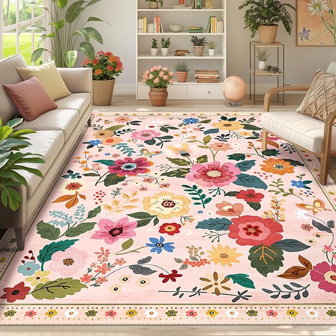 Floral 6x9 Area Rug Machine Washable Soft Print Boho Carpet Non Slip Doormat Low Pile Flower Area Rugs for Living Room Bedroom Nursery Kitchen Dining Room Indoor-Pink