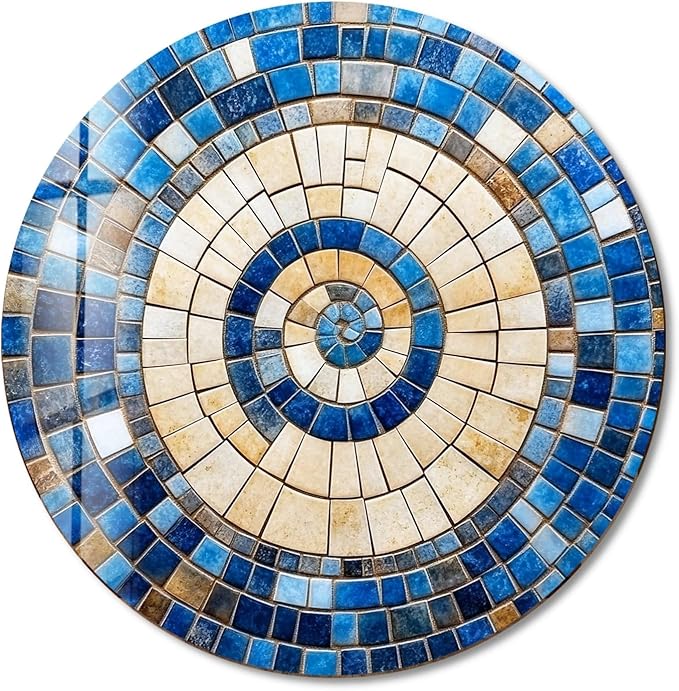 My Photostation.com 31.5''(80cm) Diameter Coastal Sunburst Beige & Blue Round Glass Wall Art Tempered Glass Printing Wall Decor Large Wall Art Wall Hangings
