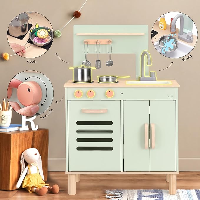 Wooden Play Kitchen Set, Mint Green Stove & Sink with 5 Stainless Steel Tools, Click Knobs, Storage Cabinets, Montessori Toy for Toddlers 3+