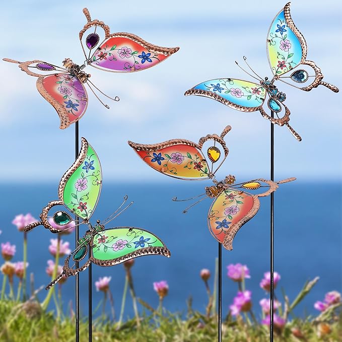 Juegoal Set of 4 Butterfly Garden Stake Decor, 32" Metal Colorful Butterflies Stakes, Yard Art Ornaments for Mom, Mothers Day Ideal Gifts, Outdoor Lawn Porch Pathway Patio Plant Pot Flower Bed