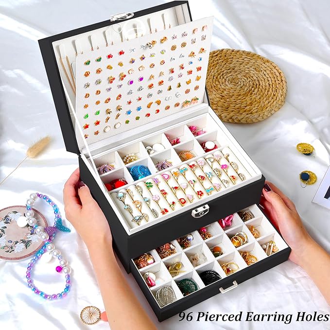 Earring Jewelry Box for Women Girls Stud Organizer, 5 Layers Black Jewelry Organizer Box With Lock Earring Holder Organizer Ring and Necklace Jewelry Box with Earrings Holder for Women Girls