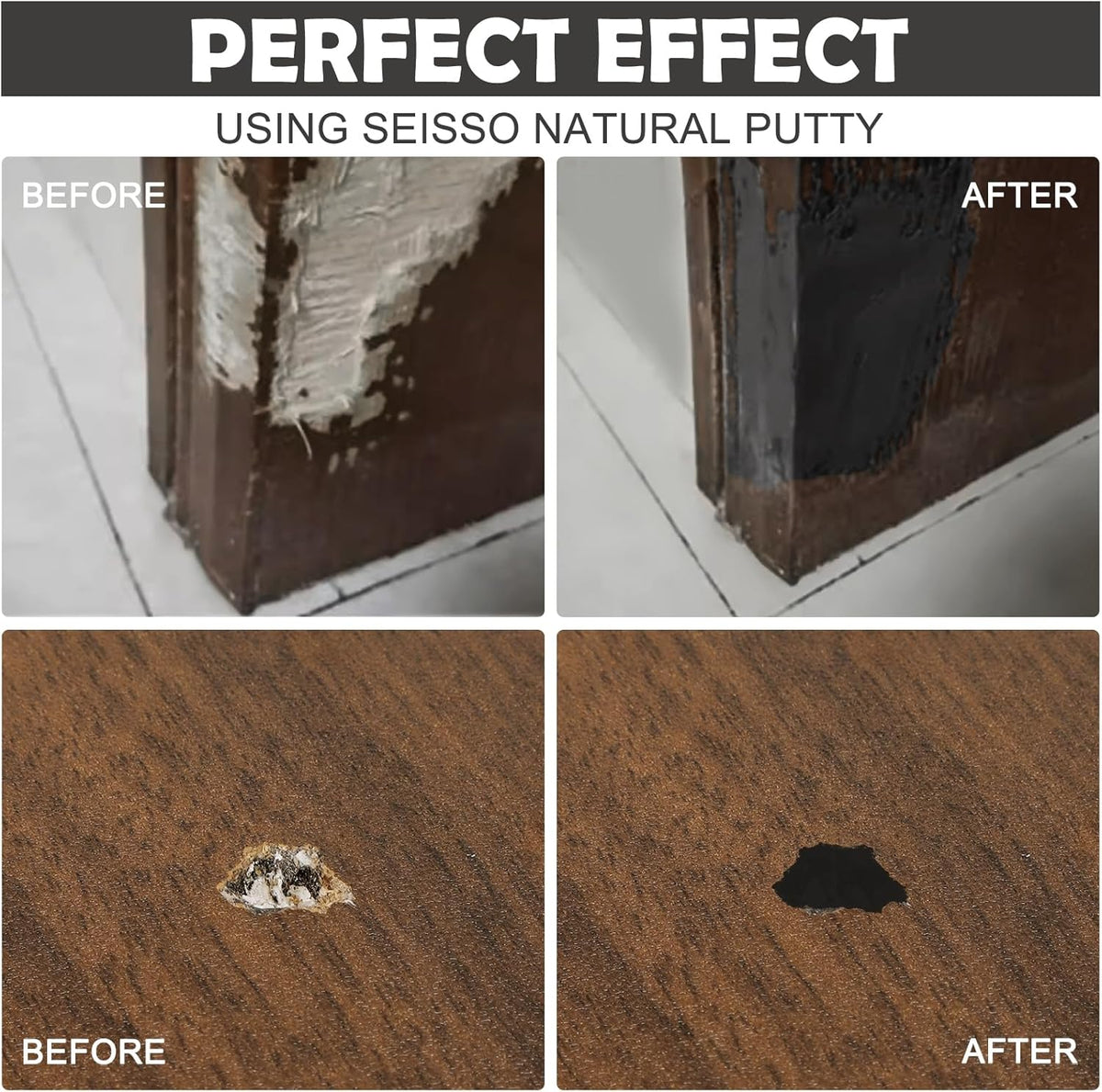 SEISSO Wood Putty, Black Wood Filler Paintable, Wood Putty Outdoor Waterproof, Wood Repair Putty Stainable, Wood Furniture Repair kit - Restore Wooden Table, Cabinet, Floors, Door
