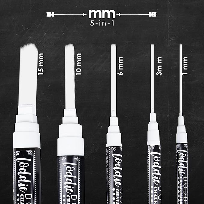 Loddie Doddie Erasable White Chalk Markers for Signs, Blackboard, Glass - Ultra Fine, Medium, Broad Tips (1mm, 3mm, 6mm, 10mm, 15mm) - Liquid Chalk Markers - Pack of 5
