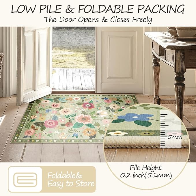 Floral 2x8 Area Rug Machine Washable Soft Print Boho Carpet Non Slip Doormat Low Pile Flower Area Rugs for Living Room Bedroom Nursery Kitchen Dining Room Indoor-Light Green