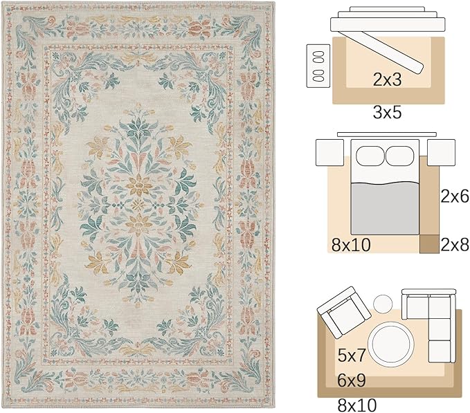 jinchan Spring Floral 2x3 Rugs for Entryway - Vintage Washable Area Rug Ultra-Thin Low Pile Soft Small Non Slip Distressed Indoor Doormat Accent for Entrance Kitchen Bedroom (2x3ft,Apricot Multi)