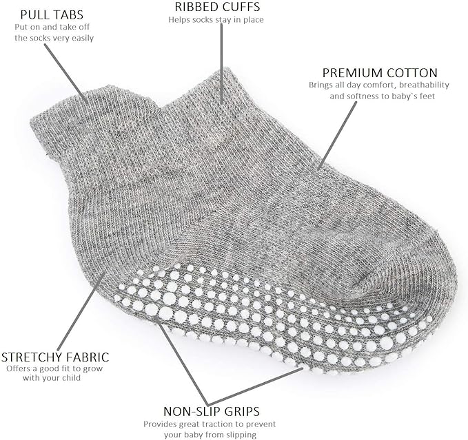 Zaples Baby Non Slip Grip Ankle Socks with Non Skid Soles for Infants Toddlers Kids Boys Girls