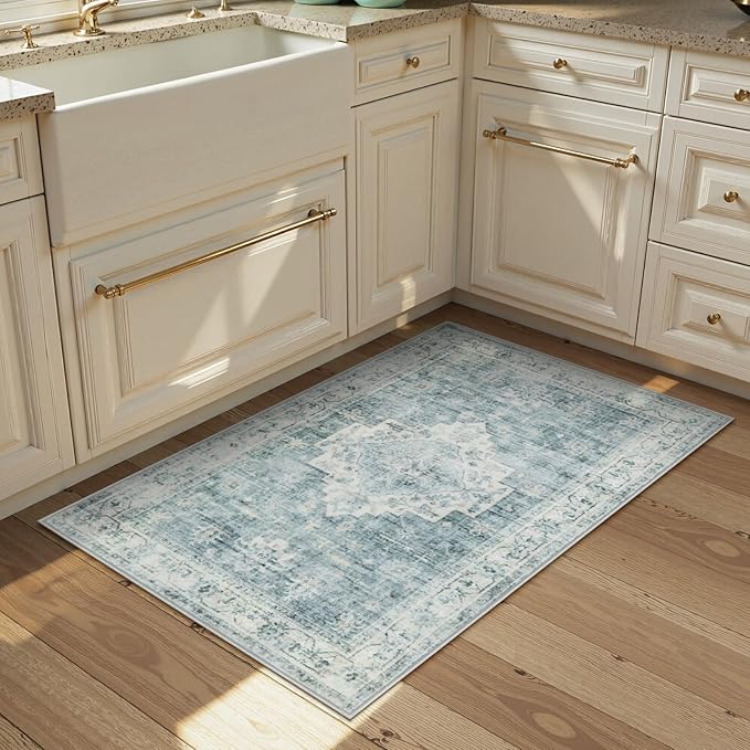 LIVEBOX Washable Rug 2x3 Kitchen Mats for Floor Entryway, Non Slip Front Door Mat for Bathroom Hallway, Boho Low-Pile Small Carpet Farmhouse Throw Indoor Rugs for Bath Sink, Blue