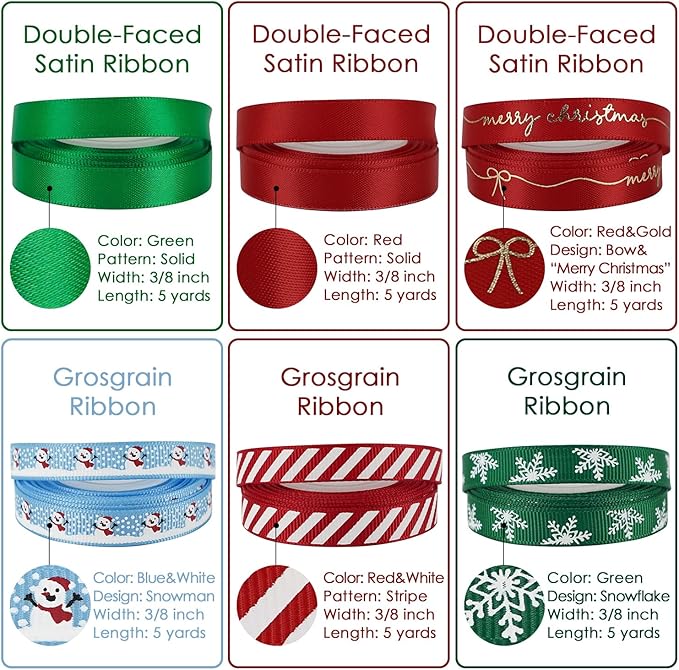 MEEDEE Christmas Ribbon 3/8 inch Thin Holiday Ribbon Set in Red, Green, White, Gold & Silver Color 12 Rolls 60 Yards Perfect for Gift Wrapping, Xmas Wreath Decor, Garlands, and Holiday Crafts