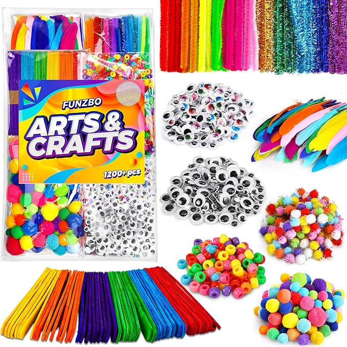 FUNZBO 1200pcs+ Arts & Crafts Supplies for Kids- Craft Kits with Pipe Cleaners, Pom Poms for Crafts, Popsicle Sticks for Craft, Craft for Kids Ages 4-8 Girls & Boys Birathday Gifts
