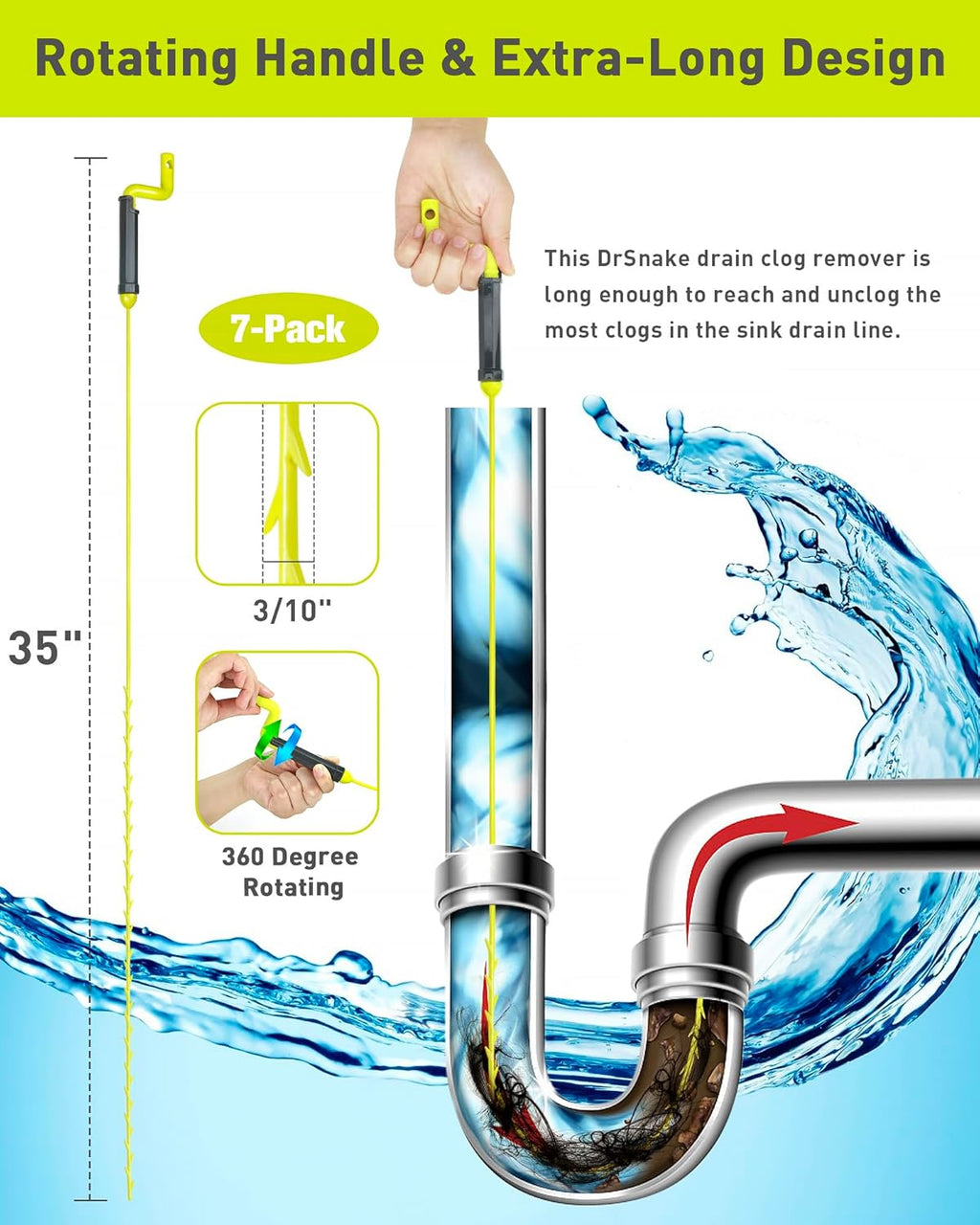 35inch Drain Clog Remover, Drain Cleaner Hair Clog Remover with Rotating Handle and 7 Refills, Drain Hair Remover Plumbing Snake, Easy and Quick Unclog Bathtub Drain, Sink, Shower (7 Pack)
