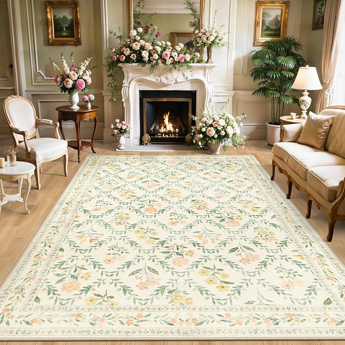Area Rugs 9x12 Living Room: Floral Washable Rug Vintage Large Soft Boho Non-Slip Carpet Indoor Floor Stain Resistant Low Pile Carpets for Bedroom Dining Room Farmhouse Nursery Home Office Beige/Multi