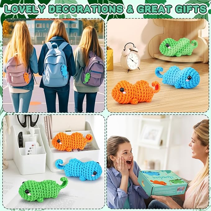 Crochet Kit for Beginners - 3 PCS Baby Chameleon Crochet Kits with Step-by-Step Video Tutorials, Beginner Crochet Kit for Adults Kids, Chameleon Crocheting Set (Orange&Blue&Green)