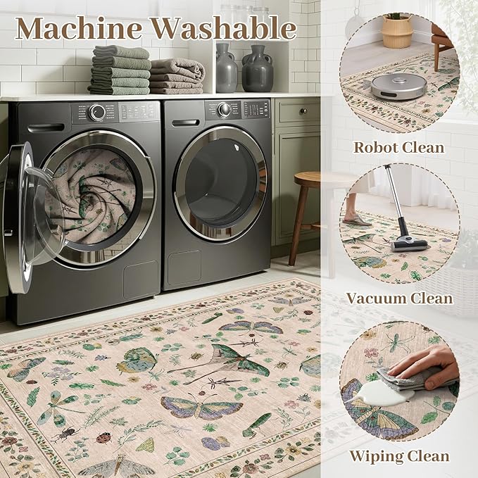 3x5 Washabl Rug with Insect Print - Bug Rug Non-Shedding Stain Resistant Soft Small Carpet for Bedroom, Low Pile Ultra-Thin Machine Washable Carpet for Nursery,Entrance, Office (3'x5' Beige)