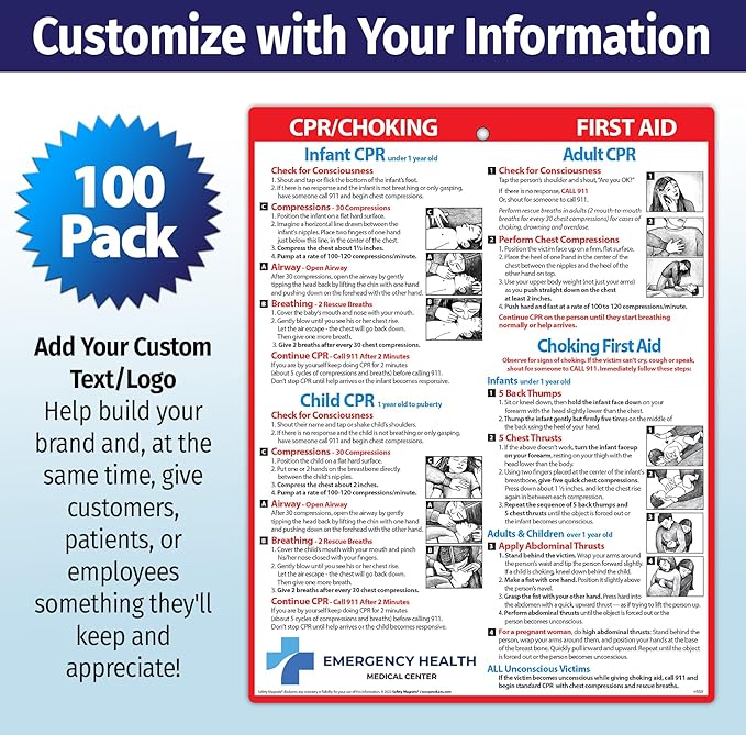 Safety Magnets by ZOCO – 100-Pack Custom CPR & Choking First Aid Magnet – 8.5"x11" Laminated Cards – Personalized with Logo – Branded Safety Handout for Offices, Caregivers & Healthcare