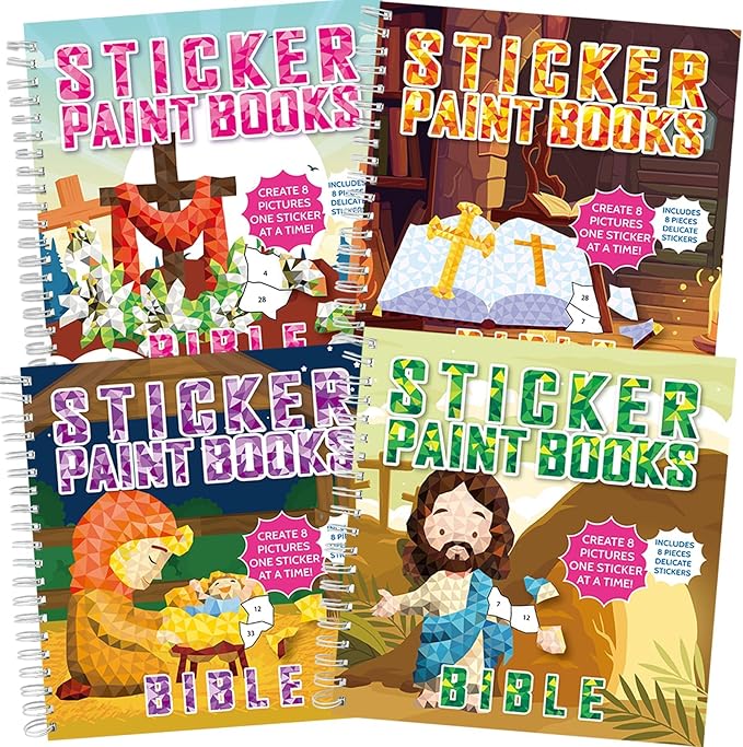 4Pcs Bible Paint by Sticker Books Sticker by Number Books Activity Book Stickers Puzzle Book Christian Craft Art Gift Set Party Favor with Jesus Bible Cross 32 Pictures