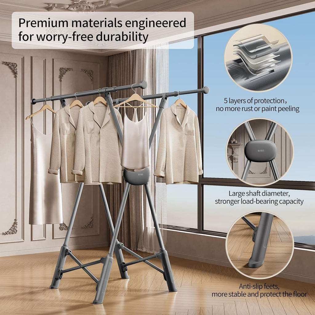 BIREN Clothes Drying Rack Heavy Duty Clothing Racks Extending Laundry Rack Two Drying Modes Garment Racks for Drying Clothes, Adjustable Length from 32-55 Inches for Indoor Outdoor Use