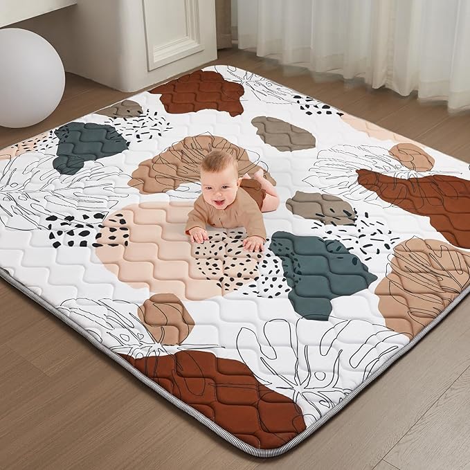 Baby Play Mat - Thicken 50x50 Inch Soft Foam Crawling Mat for Playpen & Floor, Non-Slip Waterproof Activity Playmats for Infants & Toddlers, Portable Foldable & Machine Washable, Boho Design