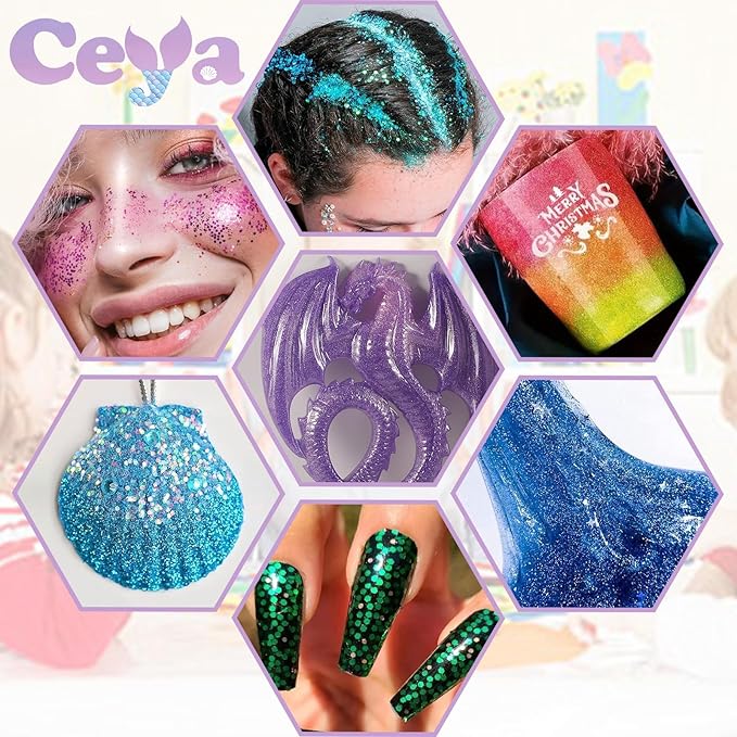 Ceya Bulk Chunky Glitter 6 Assorted Colors, 4.23OZ Each Jar Iridescent Crafts Glitter Set, 1/24” Medium Size Nail Sequins for School Classroom Art,DIY Craft Slime,Blue,Pink,Orange, Green,Yellow,Purple