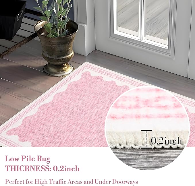 Scalloped Rug 2x3 Rugs for Entryway, Solid Pink Rug for Bedroom Girls, Small Washable Rugs Non Slip Scalloped Bath Mat, Front Door Mat Indoor Entrance, Soft Dorm Nursery Carpet for Kitchen
