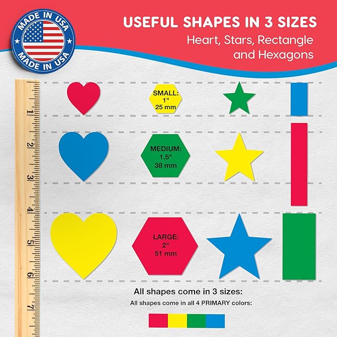 Basic Shapes 2: Hearts, Stars, Hexagons, Rectangles, 696 Pieces US Made Card Stock Punch Out Geometric Shapes in 3 Sizes and 4 Primary Colors for Math, Pattern Play and DIY Crafting