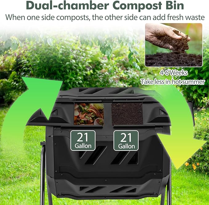 S AFSTAR Composter Tumbler Outdoor, 42-Gal Dual Chamber Tumbling Composter with 2 Sliding Doors, Metal Frame, BPA-Free Large Rotating Compost Bin Tumbler for Garden Yard Waste (Black)
