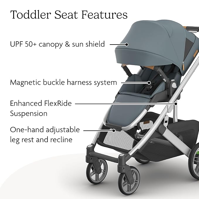 UPPAbaby Cruz V3 Stroller - from Birth + Car Seat Compatible - Full-Size, Reversible Seat - Infant Insert, Bug and Rain Shields Included - Callum (Stone Blue/Silver Frame/Sand Leather)